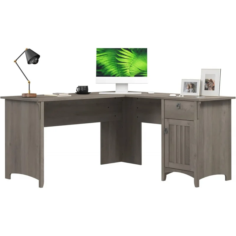 

Modern Farmhouse L Shaped Corner Desk, Salinas with Drawers & Cabinets, Driftwood Gray Home Office Storage Desk