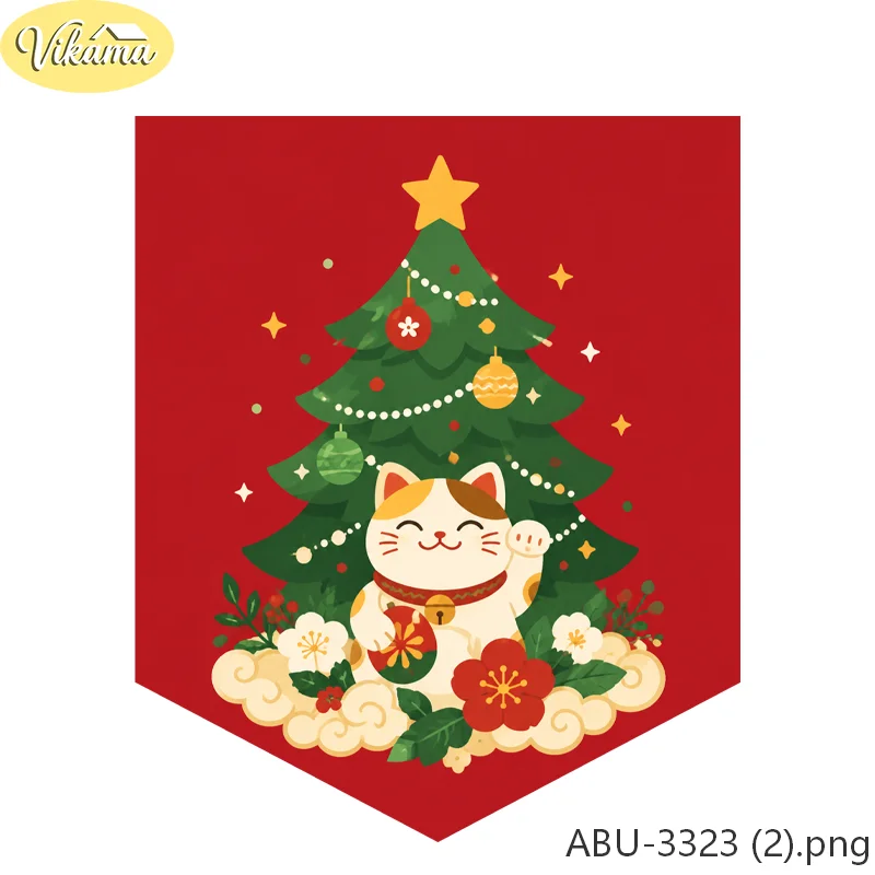 VIKAMA Christmas Maneki Neko Triangle Banners Japanese Style Fabric Triangle Banner Set Doorframe Window Cozy Home Decor