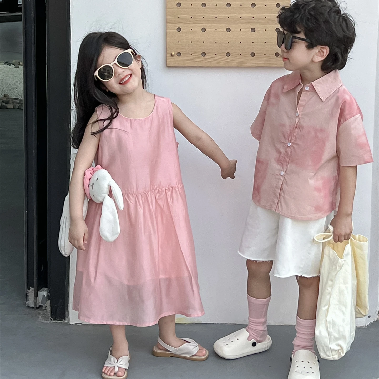 Brother and Sister Matching Pink Clothes Twins Toddler Clothing Girls Sleeveless Dress Boys Shirts + Shorts Two Piece Outfit Set