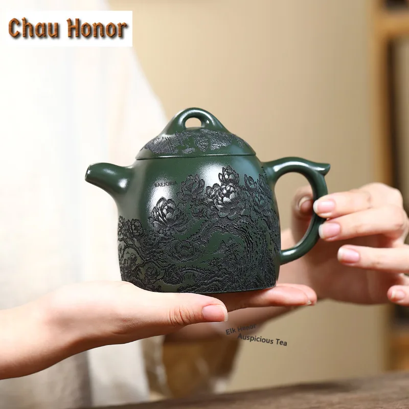 450ml Yixing Purple Clay Teapots Handmade Qin Quan  Pot Raw Ore Emerald Green Mud Tea Maker Kettle Chinese Zisha Tea Set Gift