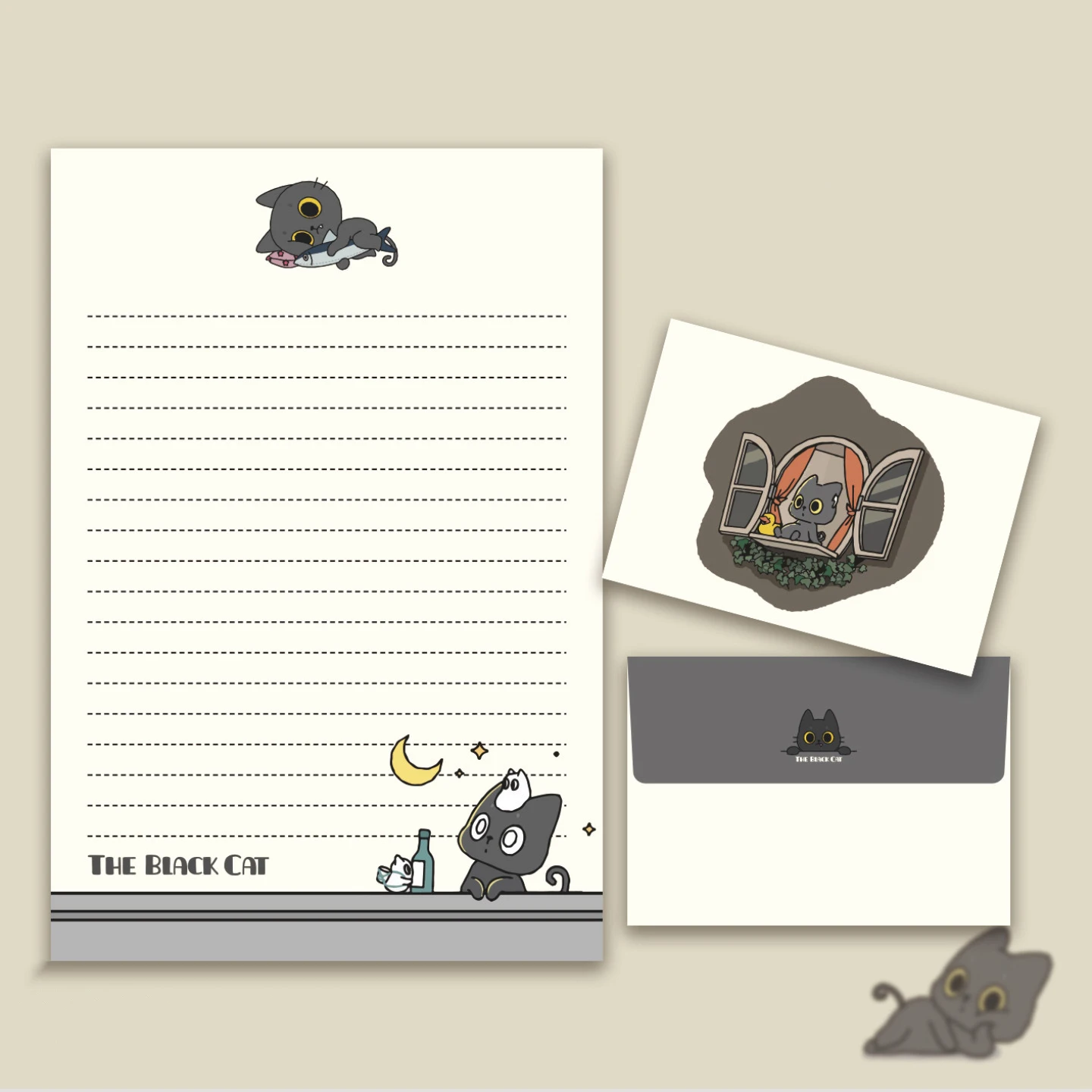 Lindo conjunto de envelope de gato preto, 4 folhas de papel e 4 envelopes, adequado para convites e cartas