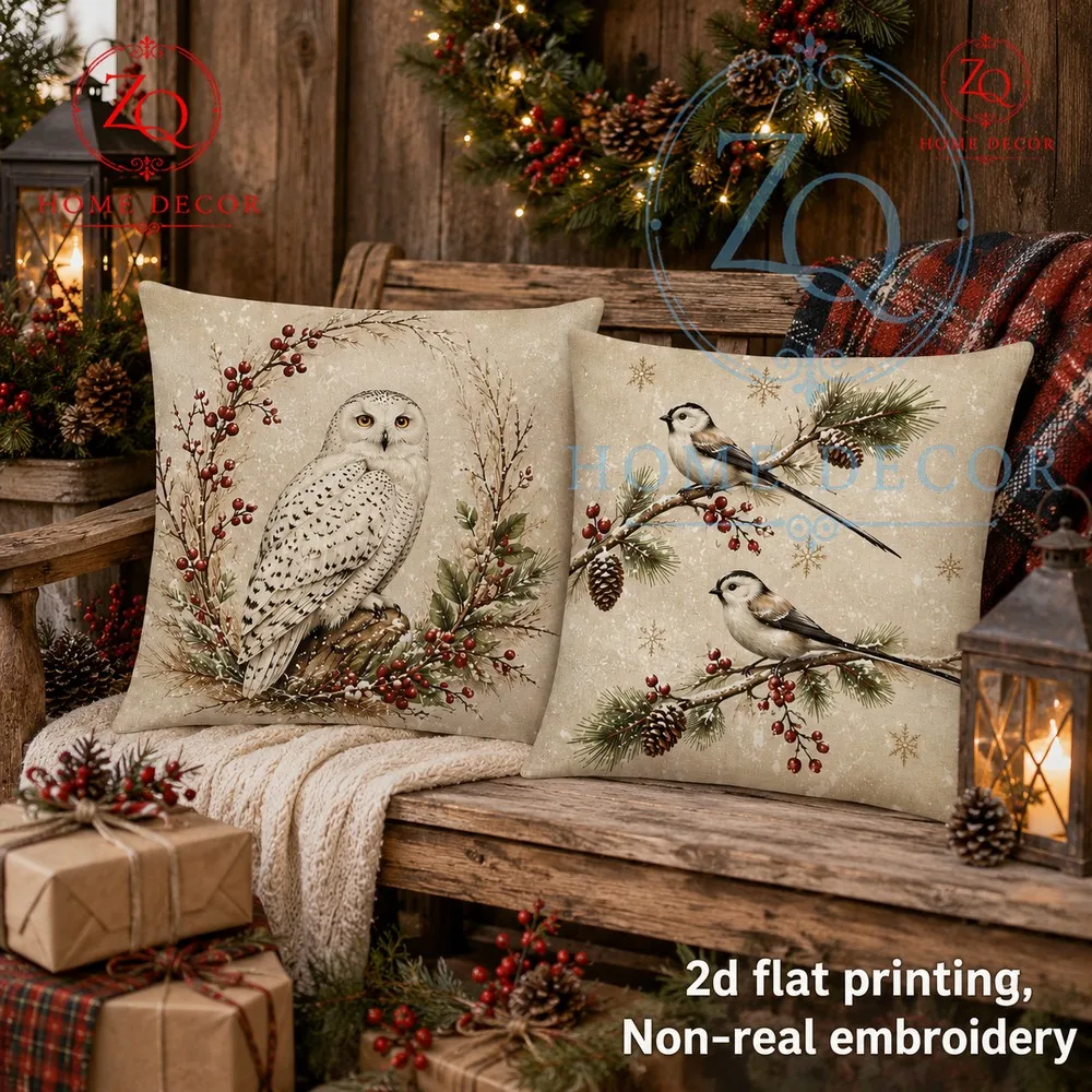 The Christmasthemed home furnishings feuring snowy owls  tits paired with red berries  pine branches in warm retro tones