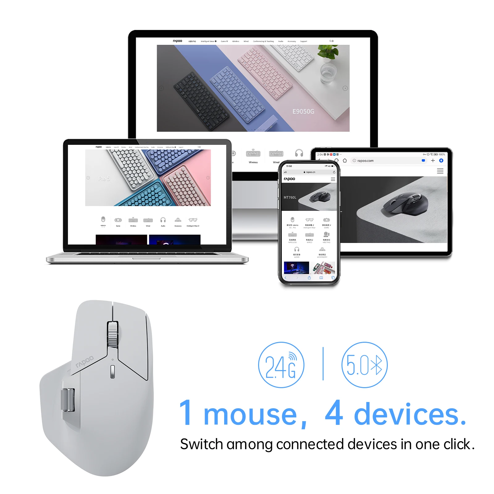 Rapoo MT720L Multi-mode Rechargeable Wireless Mouse 4000 DPI Bluetooth Mouse Easy-Switch Up to 4 Devices