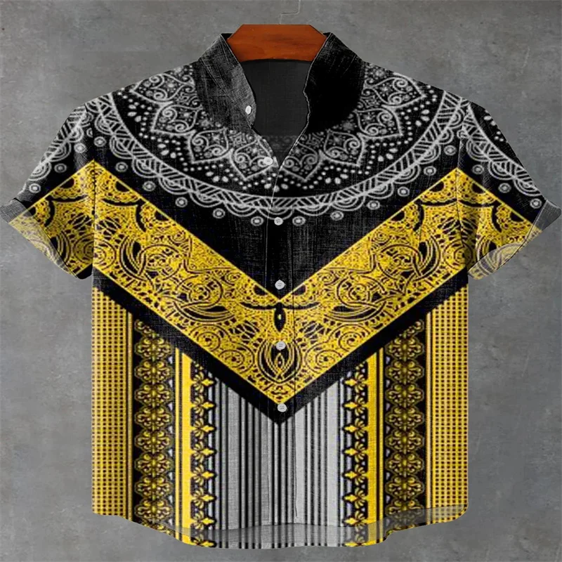 Vintage Abstract Ethnic Rhombus Floral Geometric Stripe Art Print Casual Linen Button Shirt Fast Shipping