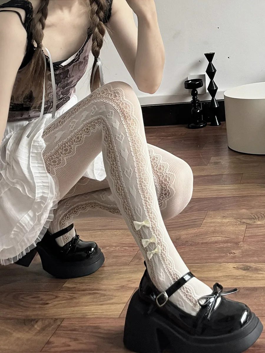 

Японские кружевные чулки в стиле Лолиты с узором «любовь», женские летние тонкие японские колготки Pure Desire с милым бантом, сетчатые колготки, чулочно-носочные изделия
