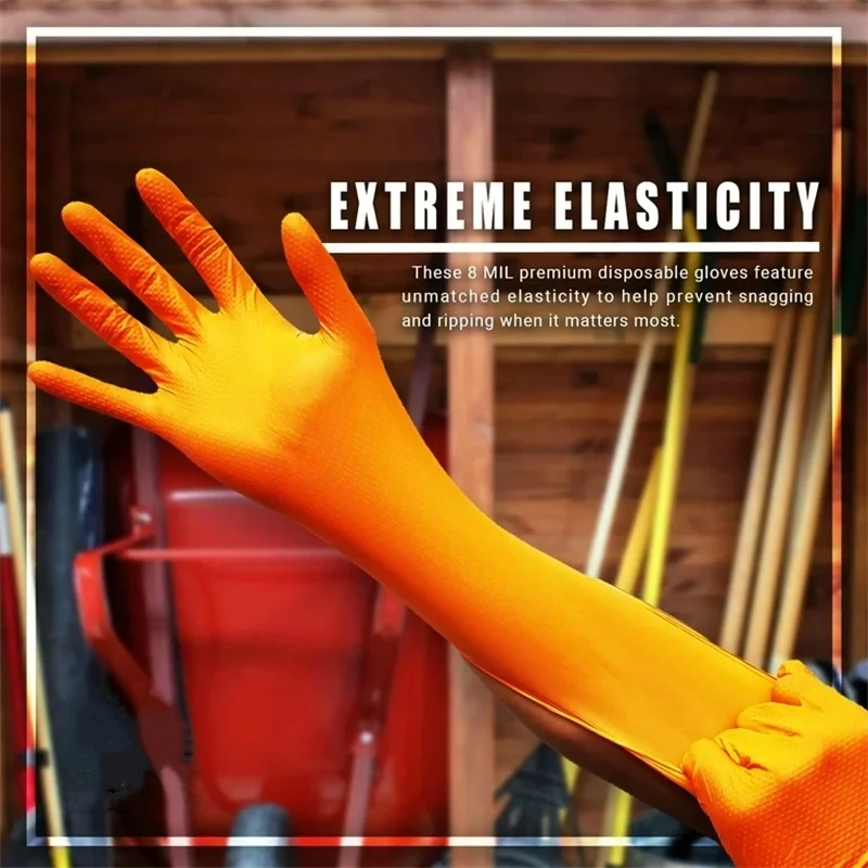 8Mil Heavy Duty Orange Nitrile Gloves Disposable Diamond Texture Grip Safety Work Gloves for Mechanic Cleaning Industrial Gloves
