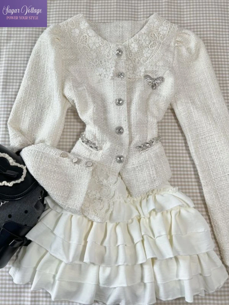 

Korean Style Tweed Jacket Elegant Short Skirt 2 Piece Set Women Autumn Outfit Chic High End Retro Vintage Aesthetic Streetwear