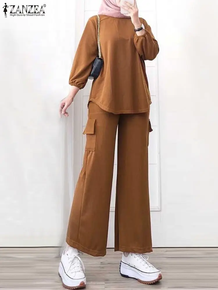 

ZANZEA Wide Leg Trouser Spring Tracksuit Muslim Fashion 3/4 Sleeve Tops Casual Islamic 2pcs Outfit Loose Women Stylish Pant Sets