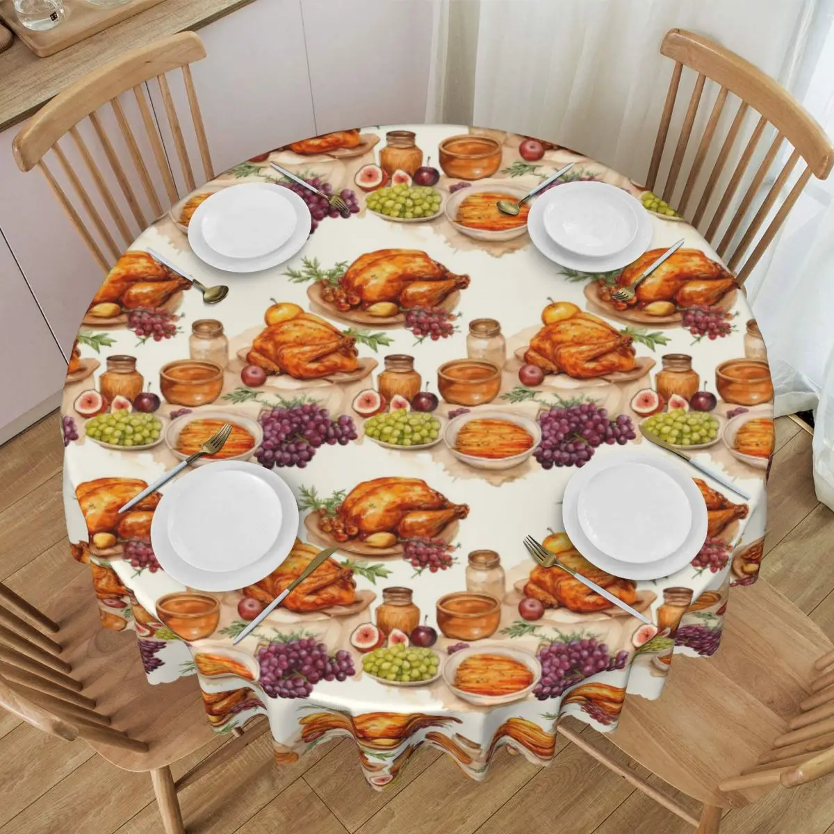 Customized Round Fitted Thanksgiving Meal Table Cloth Waterproof Tablecloth 60 inch Table Cover for Kitchen Dinning