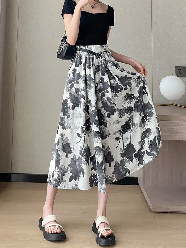 High Waist Ice Silk Wide Leg Pants Women's Summer Thin New Loose Casual Drapey Small Size Slimming Seven-Eight Length Pants