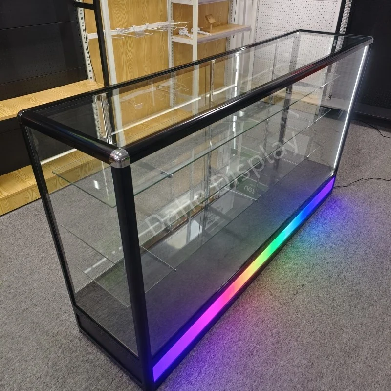 

Custom. Full 70inch Wide Smoke Shop Showcase Glass Counter Wooden Glass Display with Colorful LED Light