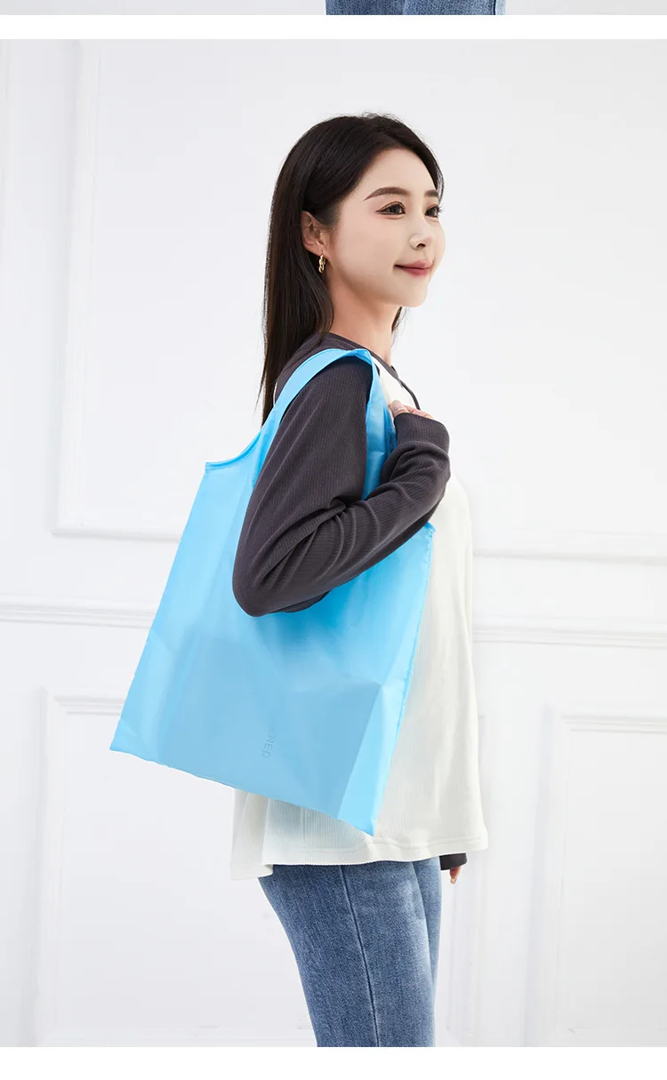 Shopping Bag for Women Men Solid Color Eco-friendly Folding Reusable Portable Shoulder Handbag Polyester for Travel Grocery
