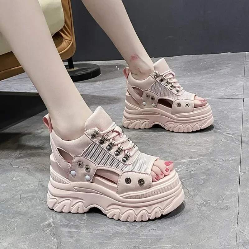 

8cm High Womens Wedge Platform Sandals Fashion Women Wedge Pumps Designe Open Toe Beach Mesh Chunky Casual Shoes Sandalias Mujer