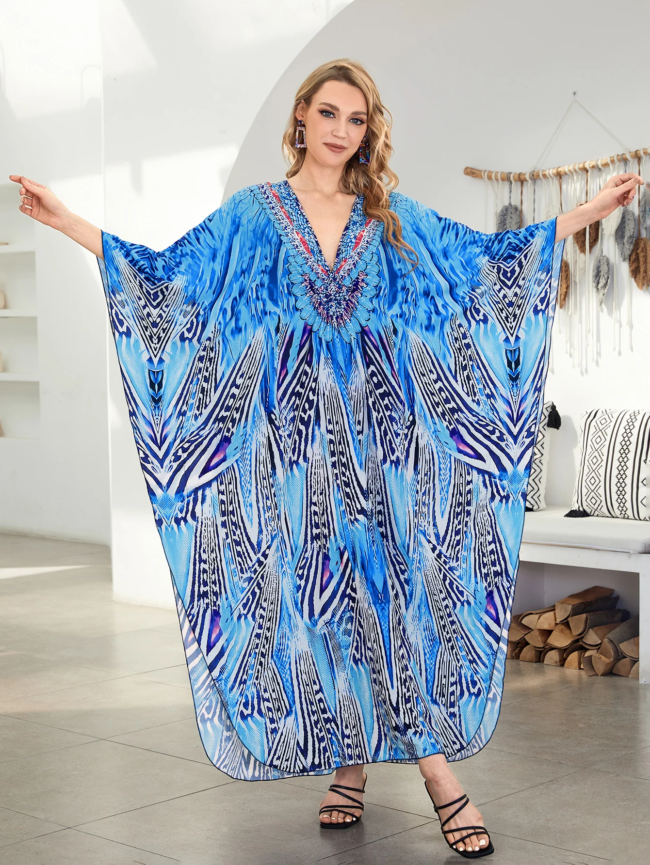 2024 damska Plus Size z Boho niebieski nadrukiem Kaftan z dekoltem w szpic z krótkim rękawem domowa sukienka letnia plaża strój kąpielowy zakrywana