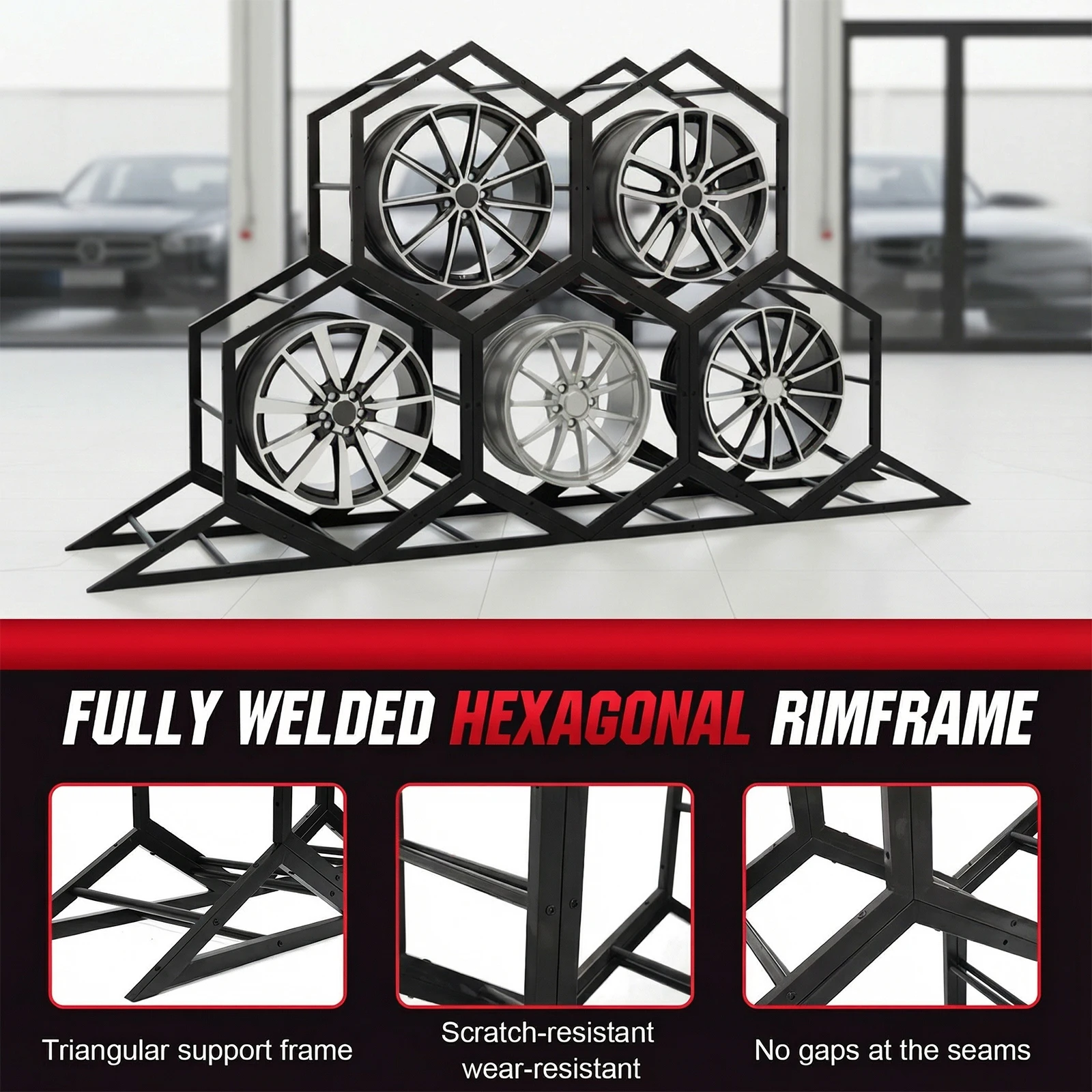 

Adjustable Wall Mount Tire Rack for Garage Heavy Duty Triangle Hexagon Small Tire Display Rack for Indoor Outdoor Use