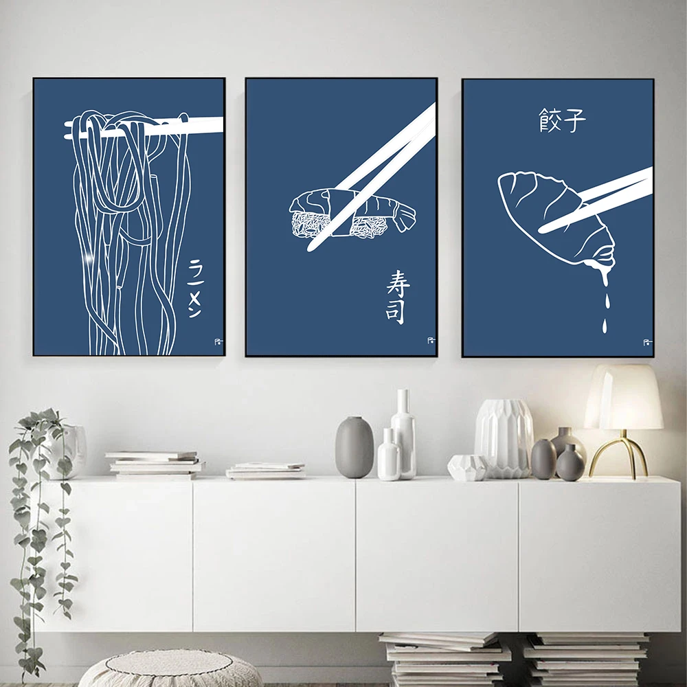 Set of 3 Sushi Total Blue Dumplings Ramen Poster Print Wall Art Pictures Canvas Painting Living Room Bedroom Home Decor Gift