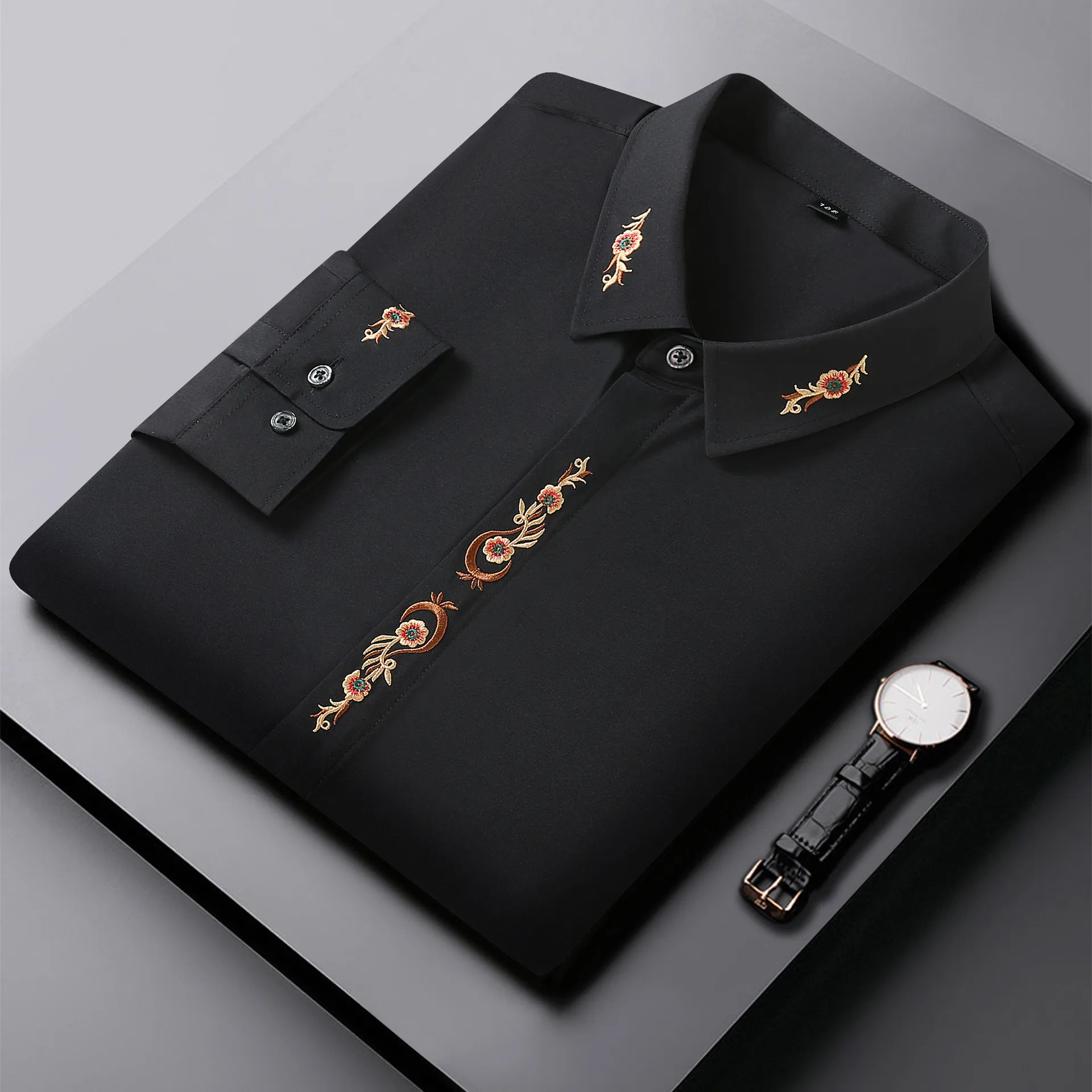 

plus Size Long Sve Men's irt Casual Embroidery Busin Spring Autumn Loose Fit Cotton Polyester Blend M Top