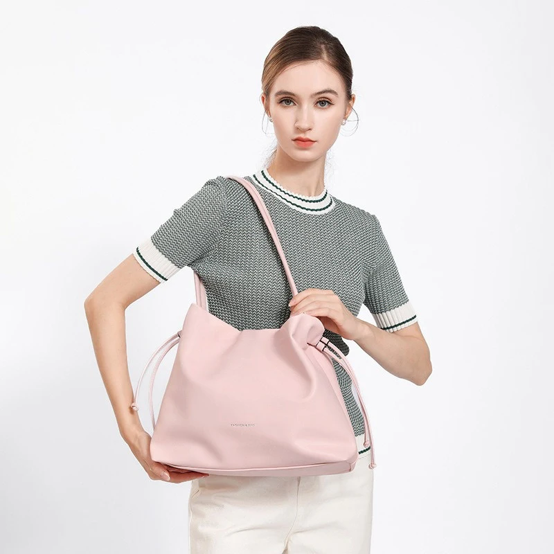 

Women Vintage Niche Design Drawstring Bucket Bag Female Fashion Versatile Shoulder Bag Lady High Quality Solid Color Handbag