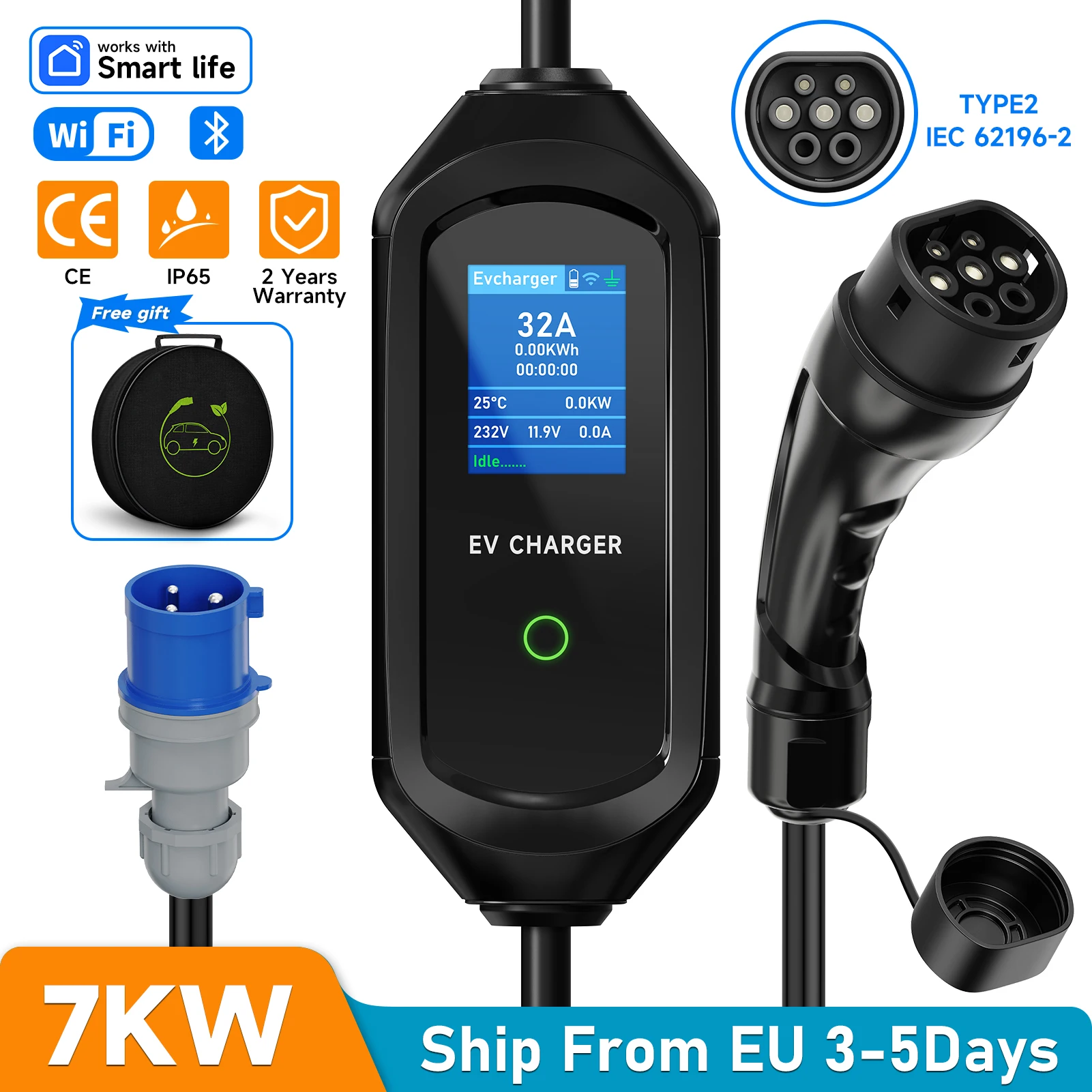 Image of AFEEV 7KW 32A 1-Phasen Tragbares EV-Ladegerät Typ2 Elektroauto-Ladegerät EVSE Schnellladekabel WiFi APP Bluetooth-Steuerung