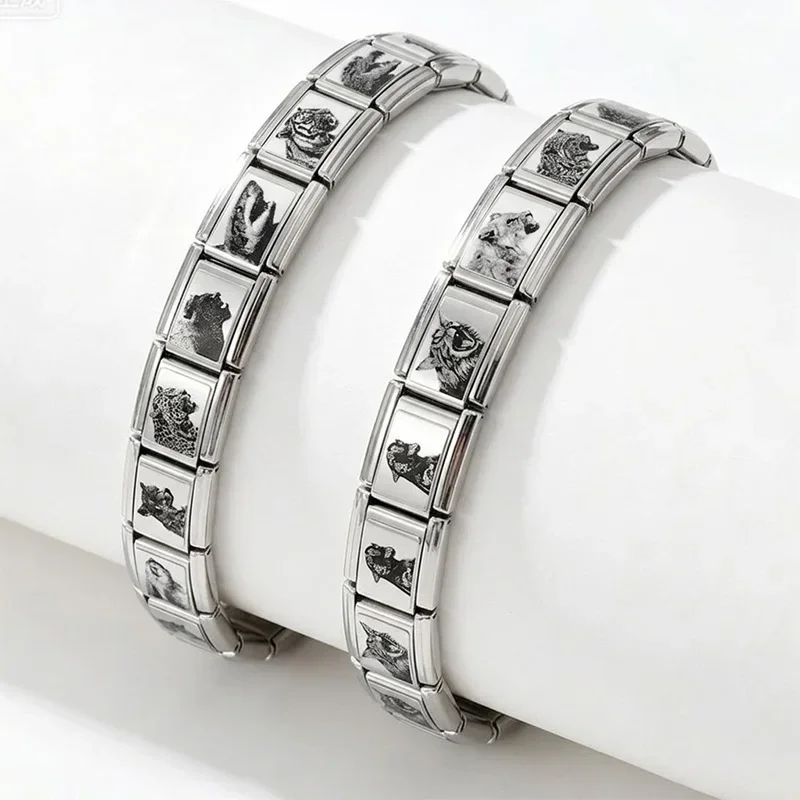 For Men Punk Wild Beast Italian Stainless Steel Bracelet Charms Black White Animal Lion Tiger Wolf Bear DIY Jewelry Accessories