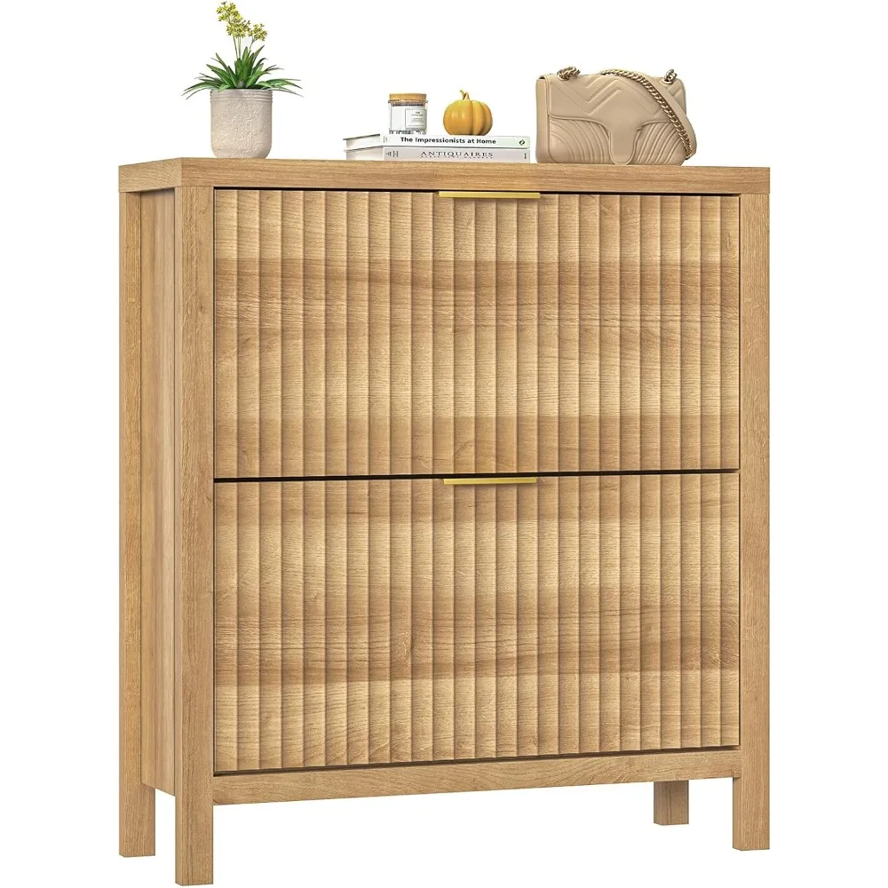 

Shoe Cabinet Storage for Entryway, Fluted Shoe Cabinet with 2 Flip Drawers, Hidden Rack Tall Freestanding Shoe Organizer wi