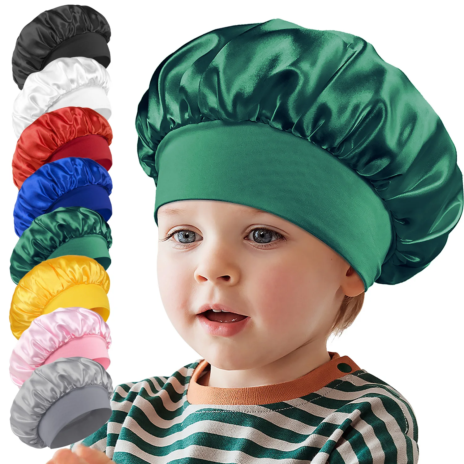 

New Girls Boys Kids Elastic Adjust Solid Satin Bonnet Wide Band Night Sleep Cap Turban Headwear Bonnet Hair Care Beanie Bandana