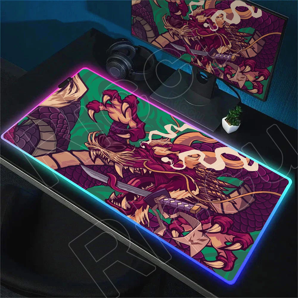 Anime Japan Dragon Deskmat RGB Mouse Pad Gaming LED Mouse Mat 900x400mm Glowing Carpet PC Office Desk Mat Backlight Keyboard Pad
