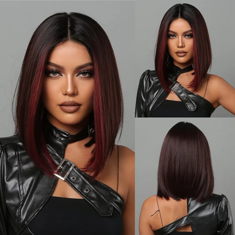 New style , middle-parted gradient red-brown long straight hair full head wig for women