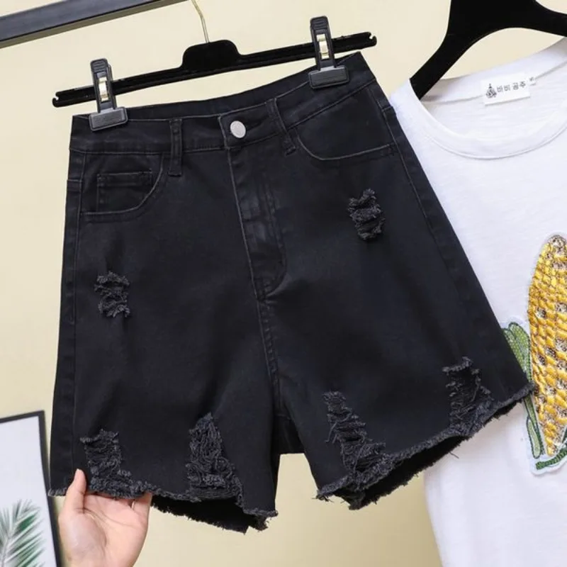 Black Summer New Oversize Trousers Women's Clothing Holes Elastic High Waisted Denim Shorts Loose A-line Jean Fabric Short Pants