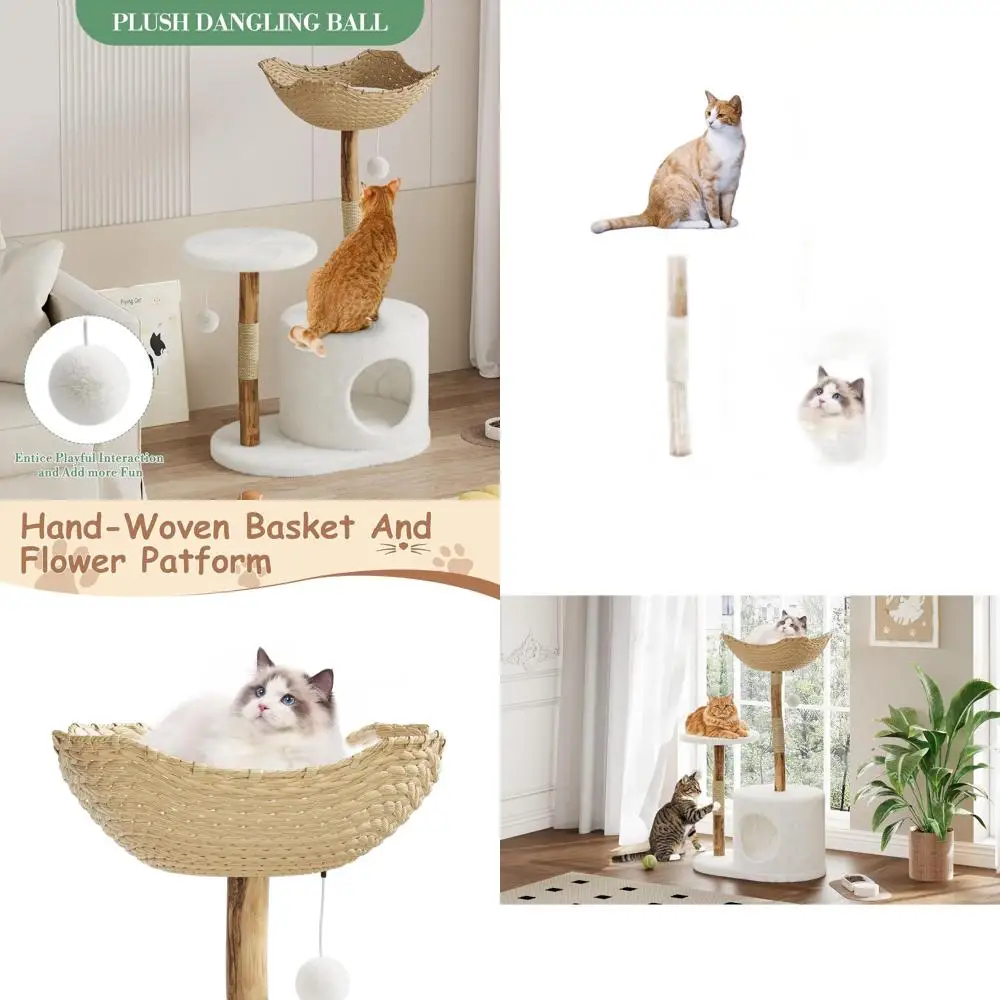 

Элегантный многоуровневый кошачий комплекс с плюшевой лежанкой, уютным домиком, когтеточками и плетеной корзиной - прочная деревянная рама для крупных кошек