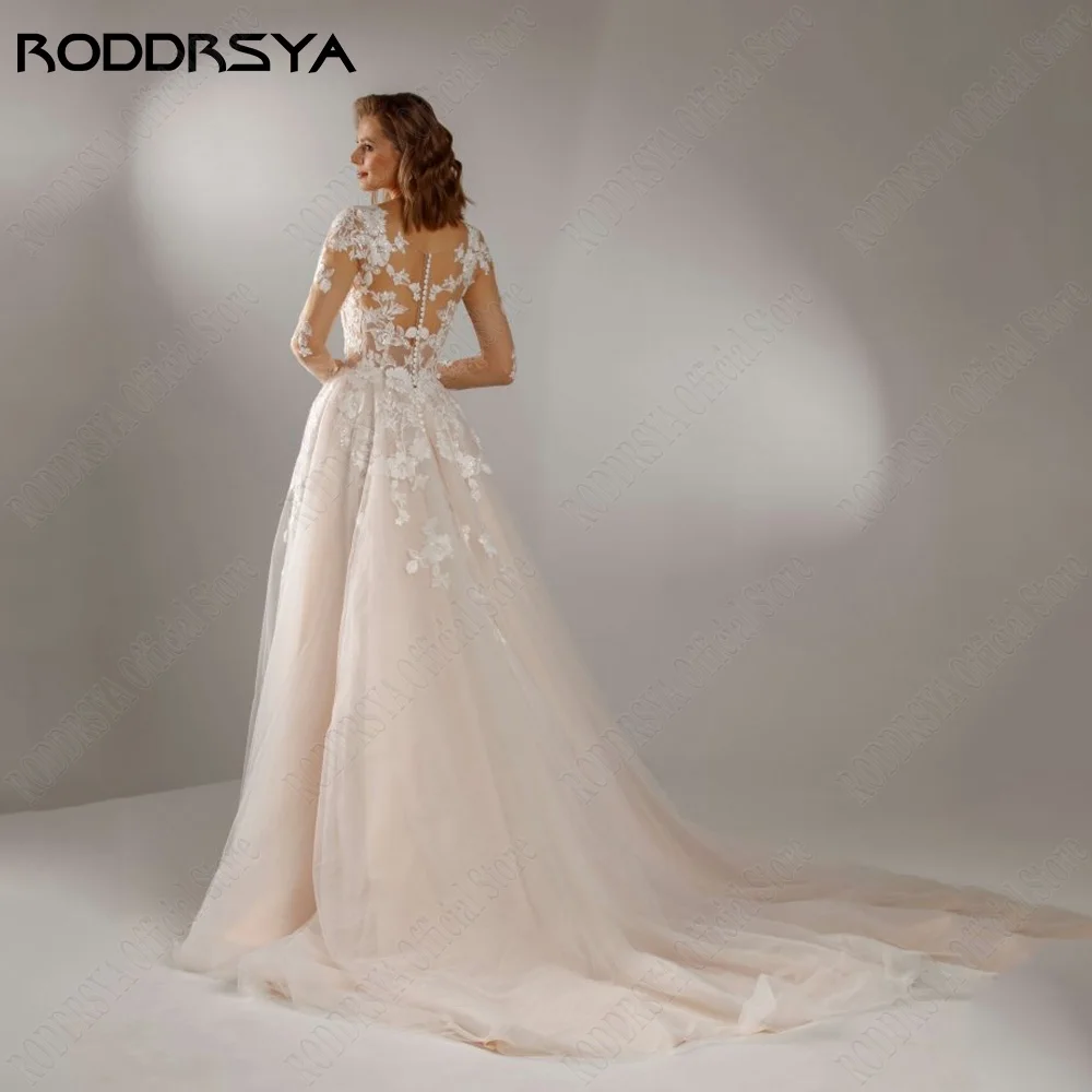 RODRSY Light Champagen Vestido de Noiva Moderno Linha Illlusion Vestido de Noiva ManRODDRSY Champagen Luz Vestido De Noiva Moderno A Line Illusion Vestido De Noiva Mangas Compridas Lace Applique A Line vestido de noiva