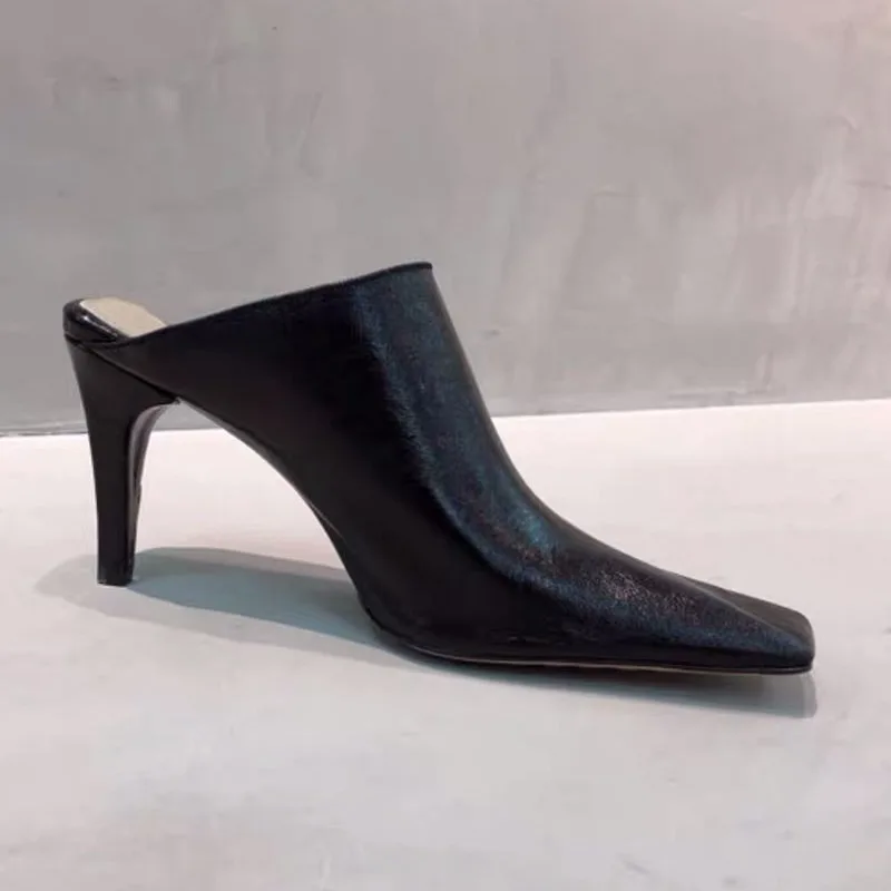 

Wine red square toe high heels, slim heels, French retro single shoes, women's leather outer wear,cool drag, lazy M ü ller shoes