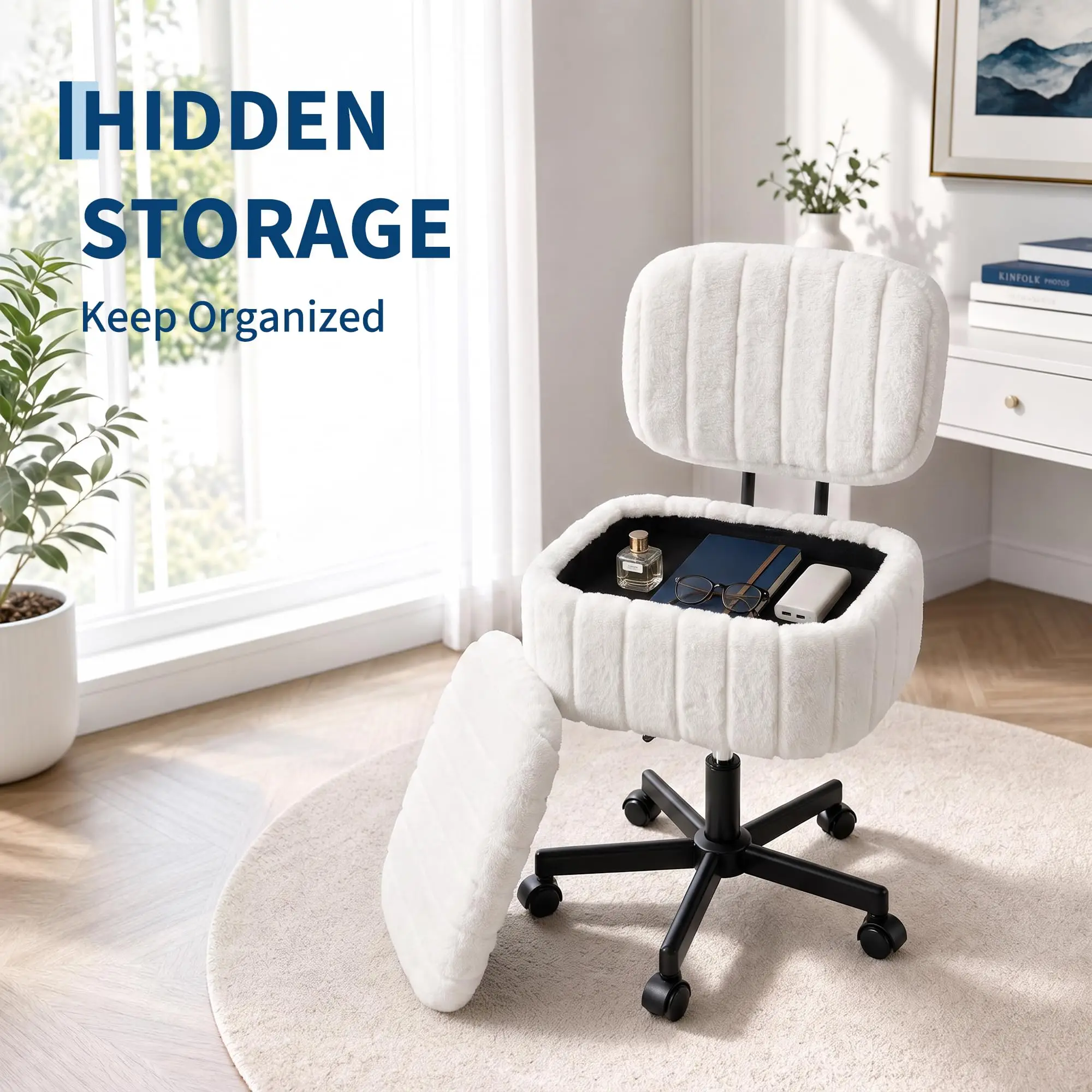 Vanity Chair with Storage, Faux Rabbit Fur Makeup Stool With Wheels, Adjustable Swivel Rolling Dressing Chair For Bedroom Desk Dorm Room