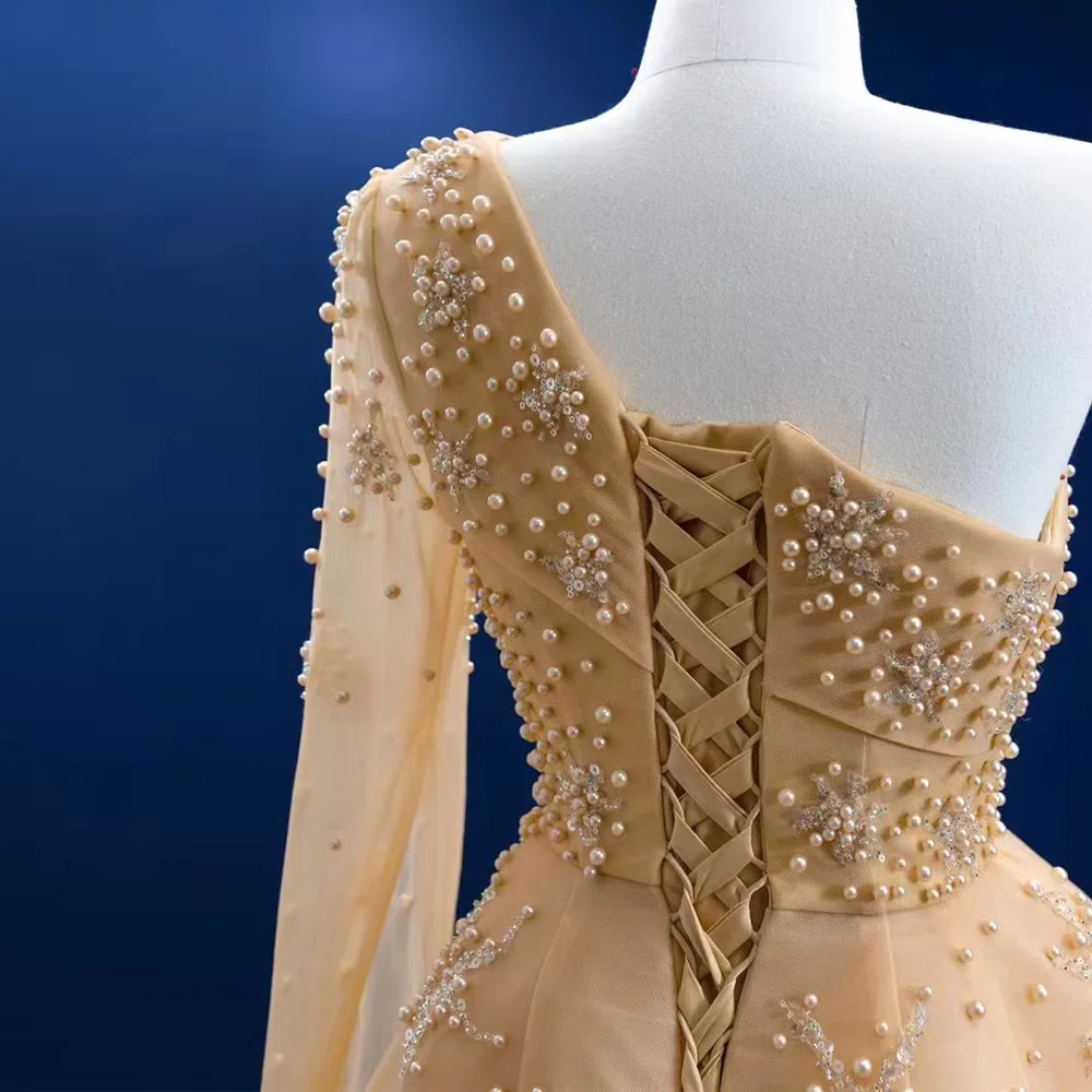 Elegant One-Shoulder Evening Dress With Lace-Up Back And Pearls Customizable Night Dresses