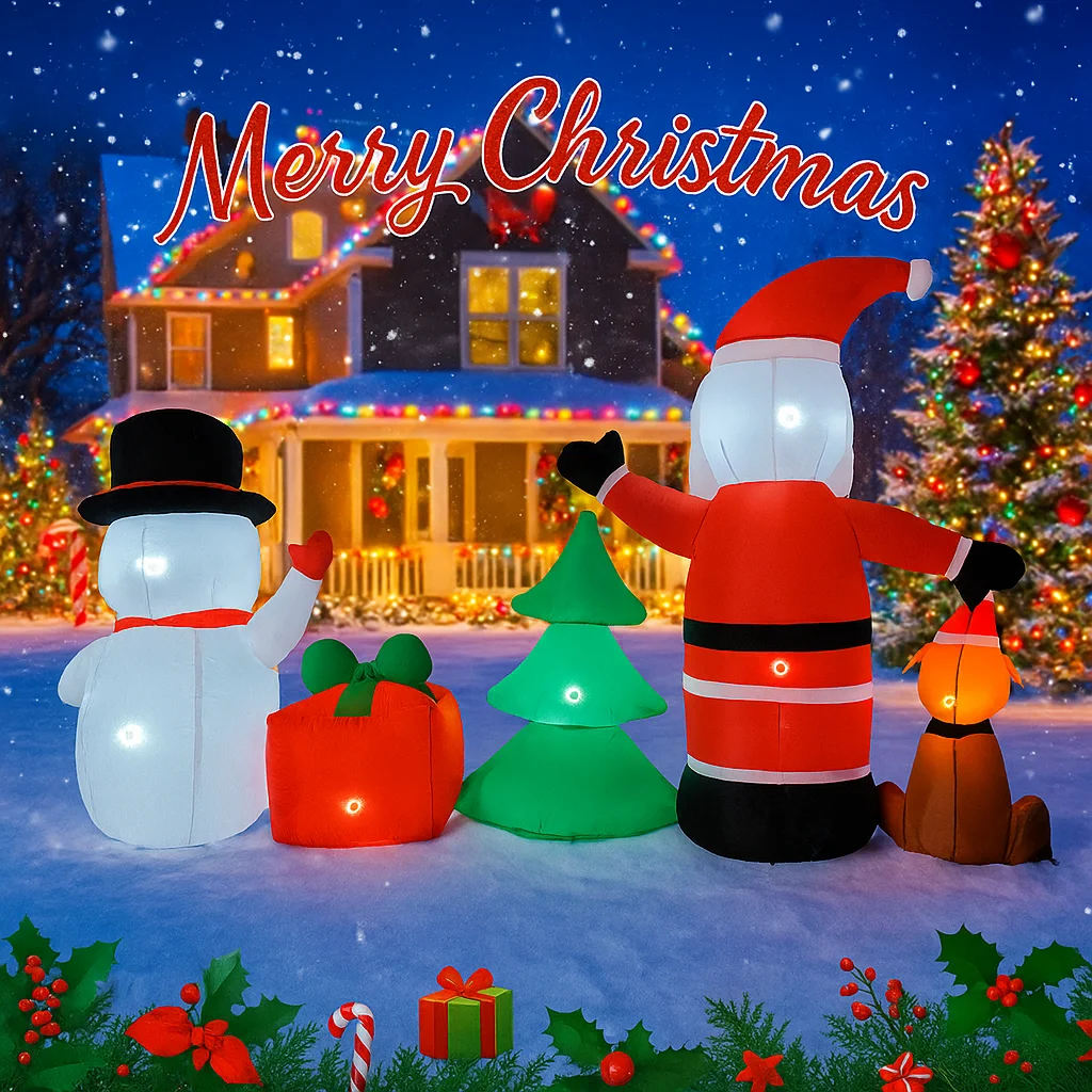 8,2 Fuß aufblasbares Spielzeug-Weihnachtsdekor-Set, Weihnachtsmann, Schneemann, Hundebaum, Weihnachten, Hofdekoration, Zubehör für Zuhause, Ornament, festliches Geschenk, LED-Beleuchtung