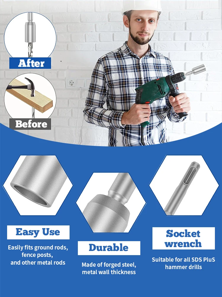 Ground Rod Driver SDS-Plus T Post 30/45/65mm Ground Rod Driver Tools Forged Steel Drill Bit Driver For electric hammer drills