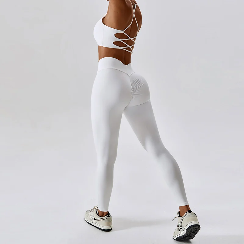 Breathabe Sportwear Gym Outfit Women Fitness Running Sport Sets Beauty Back Bra High Waist Leggings Suit Soild White Yoga Sets