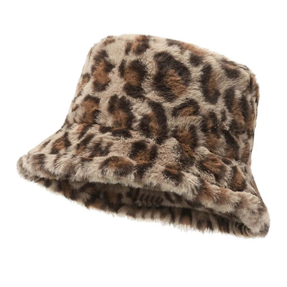 

Versatile Korean Style Leopard Print Bucket Hat Thicken INS Winter Warm Hat Windproof Trendy Fluffy Fisherman Caps for Girls