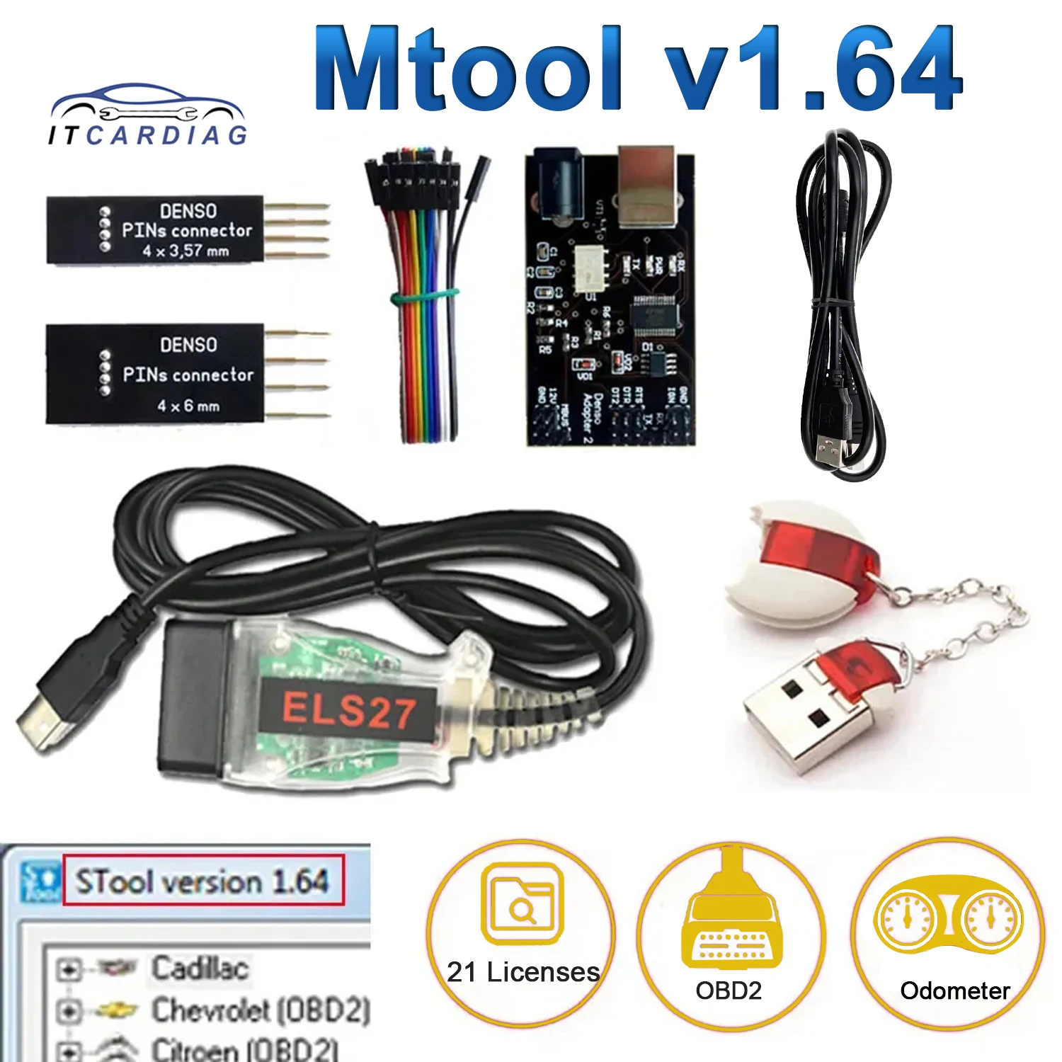 New MTool V1.64 Full Set Mileage KM Adjustment Software Mileage Correction Tool Dongle +Denso Adapter + Denso Pin Wires Cable