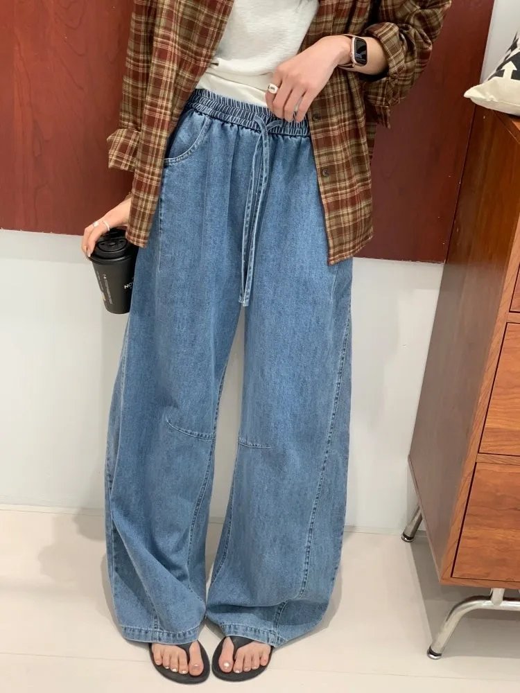 

Feita Comfortable Slimming Loose Feel Thin Wide Leg Jeans Women's Elastic Drawstring Straight Floor-Length Pants