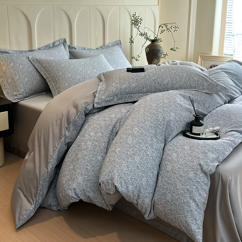 100% Cotton Bedding Set Brushed Affordable Luxury Duvet Cover Flower Leave Sheet Set Purple Sheet King Queen for Bedroom Decor