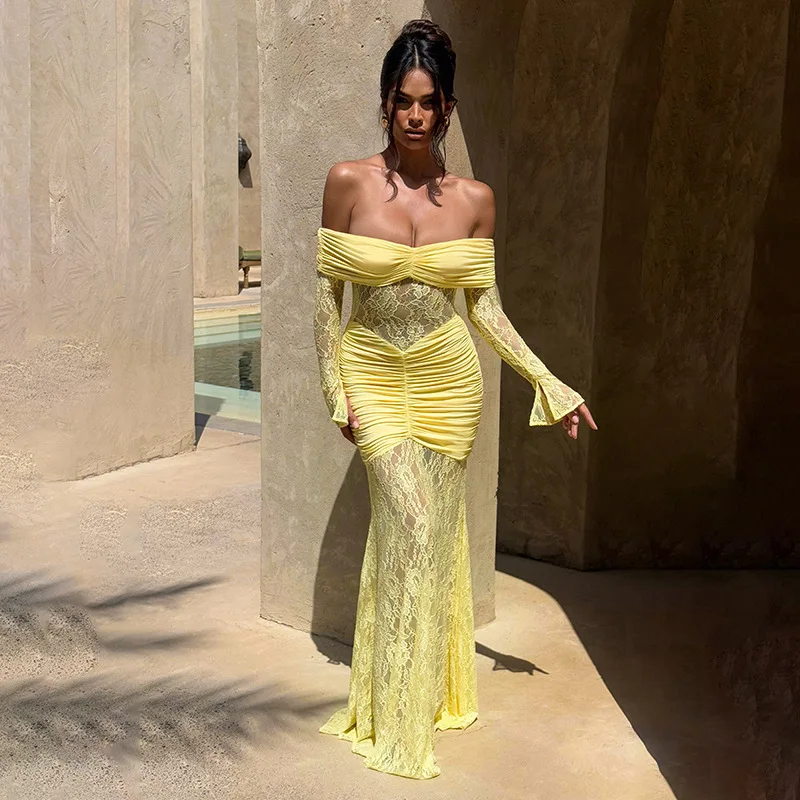 DSMTRC Women Fashion Lace Mesh Sheer Robe Off-shoulder Long Sleeve Sexy Maxi Dress Strapless Backless Bodycon Club Party Dresses