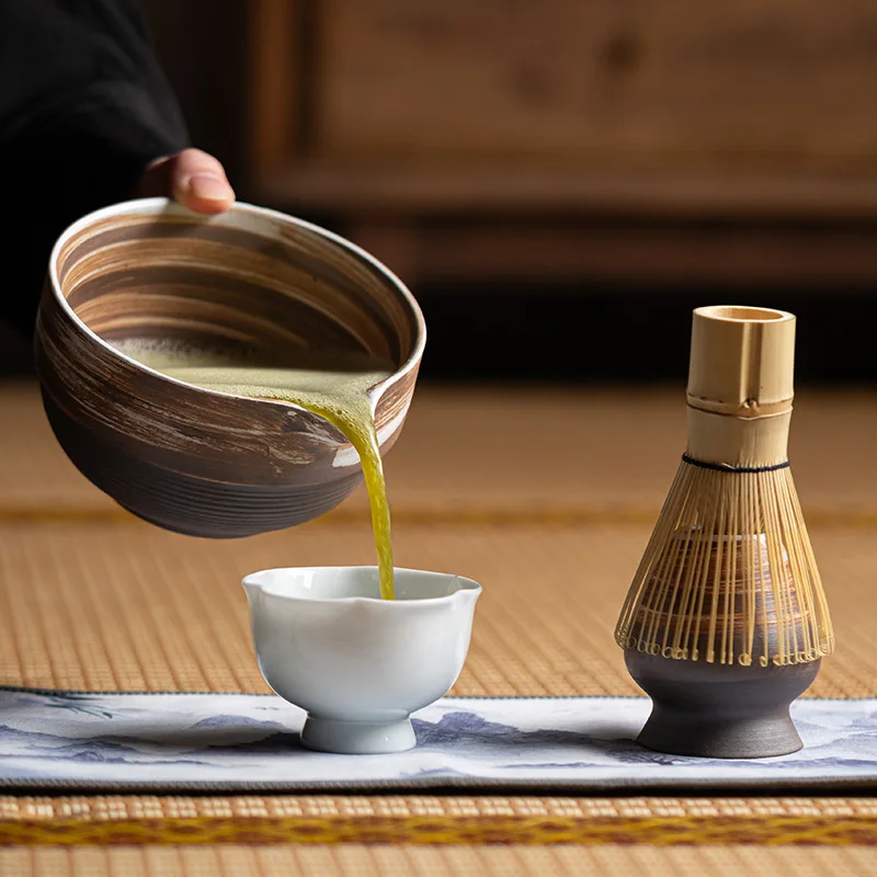 Juego de 8 piezas de utensilios para la ceremonia del té japonés: tazón de matcha de cerámica rústica estilo japonés con pico, soporte para batidor de té y cuchara.