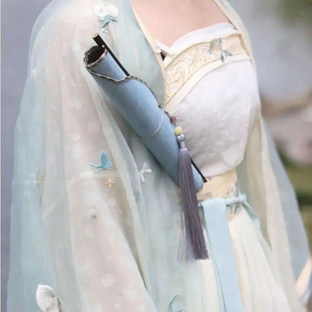 Classical Ancient Style Chinese Bamboo Waist Fan Rollable Rotatable Long Handle Fan Foldable with Tassel Group Fan Hanfu