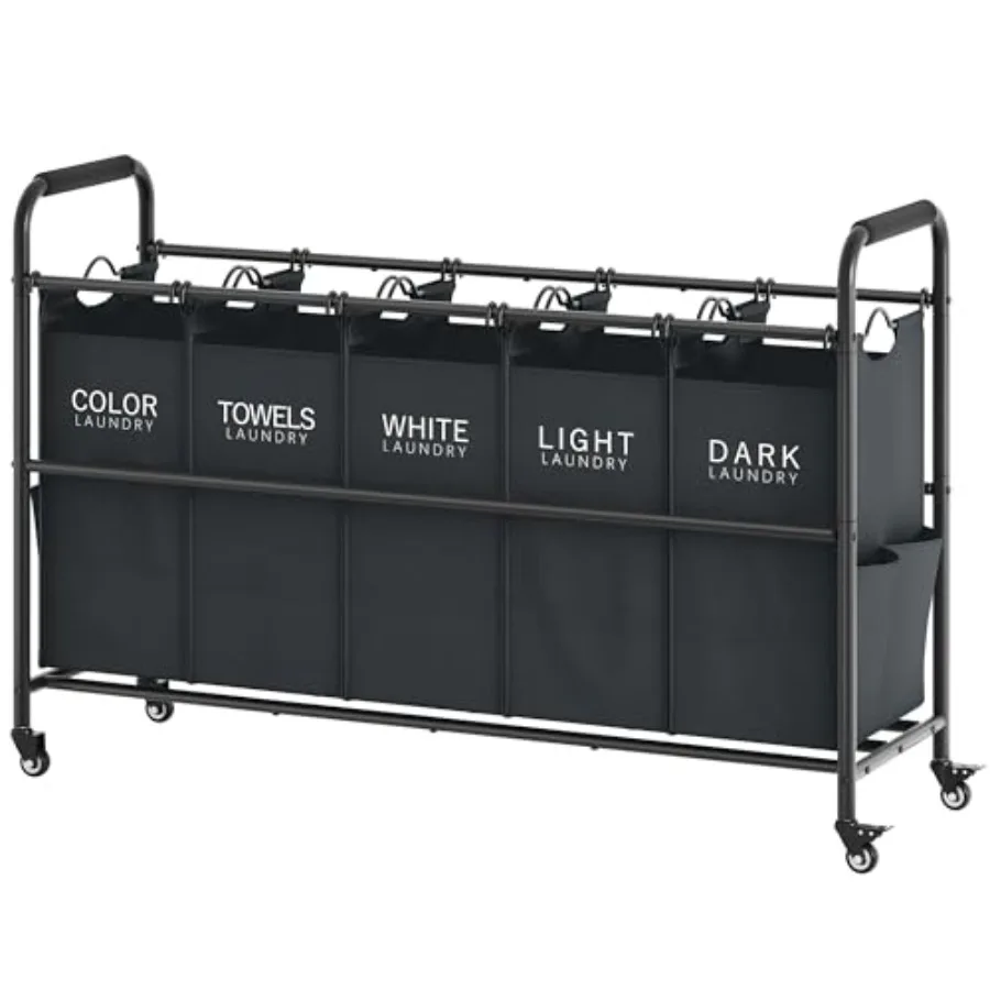 

5-Bag Laundry Sorter Cart with 5-Section Removable Bags Heavy-Duty Lockable Rolling Wheels Black Laundry Basket Organizer for H