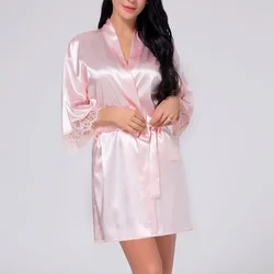 Women Sexy Silk Kimono Satin Dressing Gown Bath Robe Lace Lingerie Nightdress Nighties V-neck Nightdress Nightwear Nightshirt