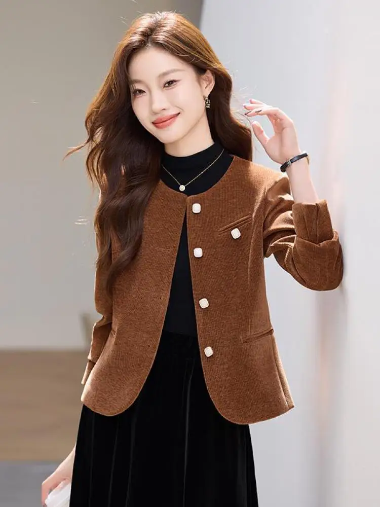 

Vintage Autumn New Beige Pink Temperament Button Short Jacket Korean Fashion Women's Brown Round Neck Elegant Long Sleeves Tops
