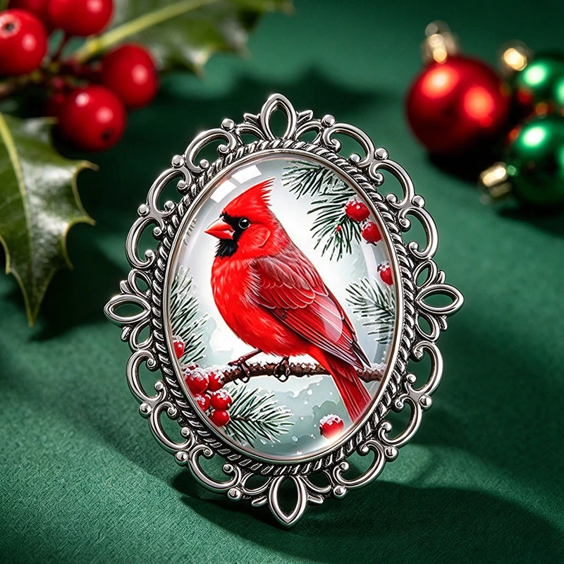 Cardinal Brooch Pin Vintage Silver Plated Alloy Red Bird Glass Cabochon Jewelry for Women Christmas Winter Gift