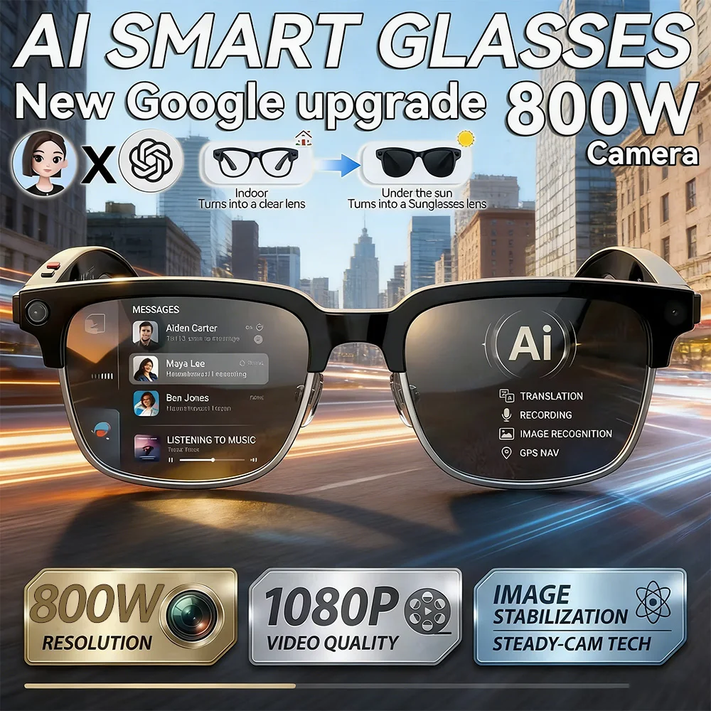 

2026 New 800W Camera Al Smart Photo Glasses anti-shake HD Video Recording Translation Voice Assistant Music BTCall Smart Glasses