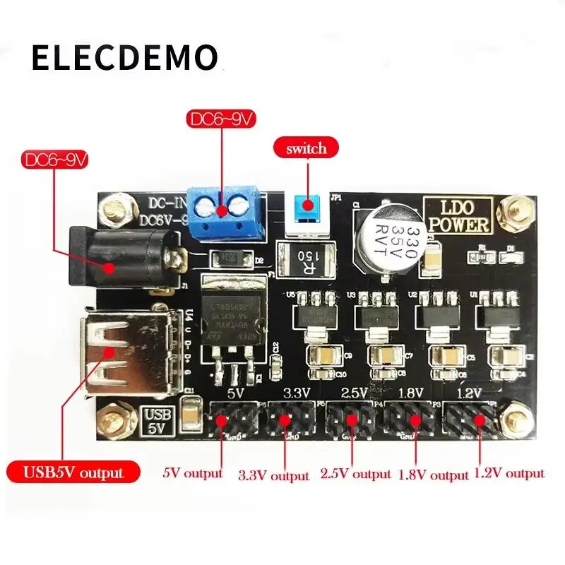 

Многолинейный модуль питания LM7805, демо-плата с функцией вывода напряжения от 6 до 9 В до 5 В/3,3 В/2,5 В/1,8 В/1,2 В
